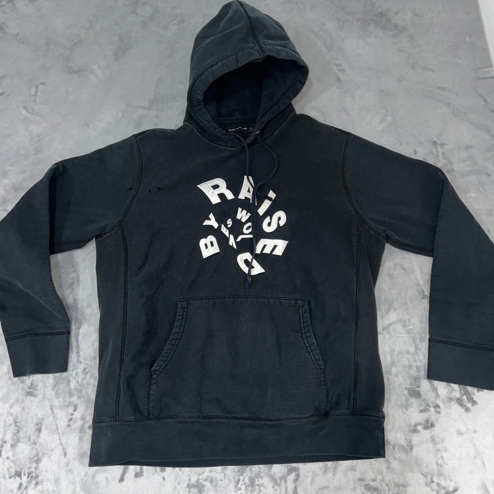 Raised By Wolves Mens XL Black Heavyweight Logo Hoodie Distressed Streetwear